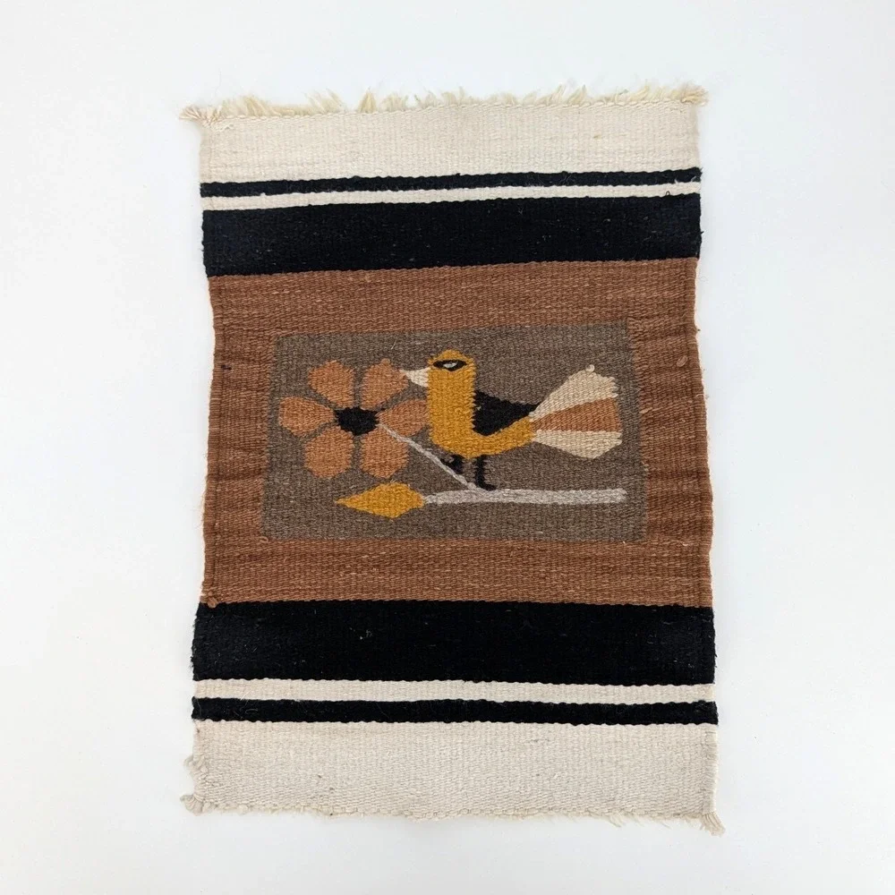 Vintage Handwoven Wool Bird Flower Textile Southwestern Folk Art 19